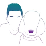 Face of RJ and his dog in an artistic outline format